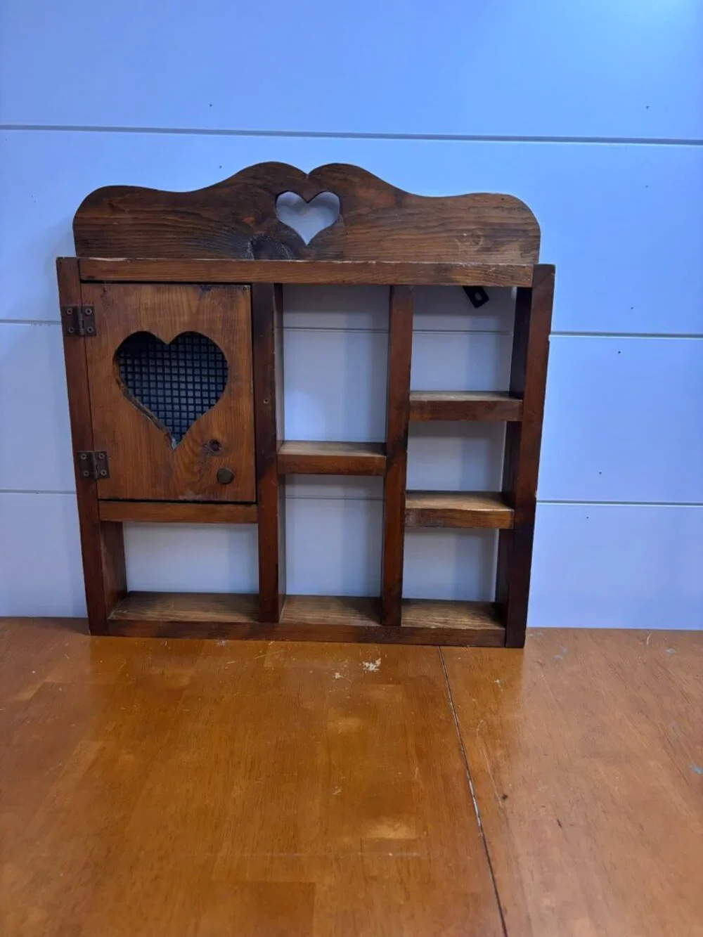 VTG Cottagecore Wood Shadow Box Shelf with Heart Cutout & Mesh Door